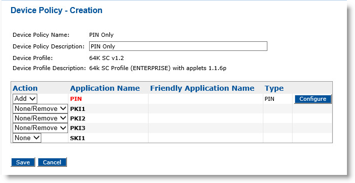 Device Policy - Creation dialog box where you can specify actions for different applications